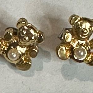 Bear Earrings Faux Pearl Gold Tone Small Stud